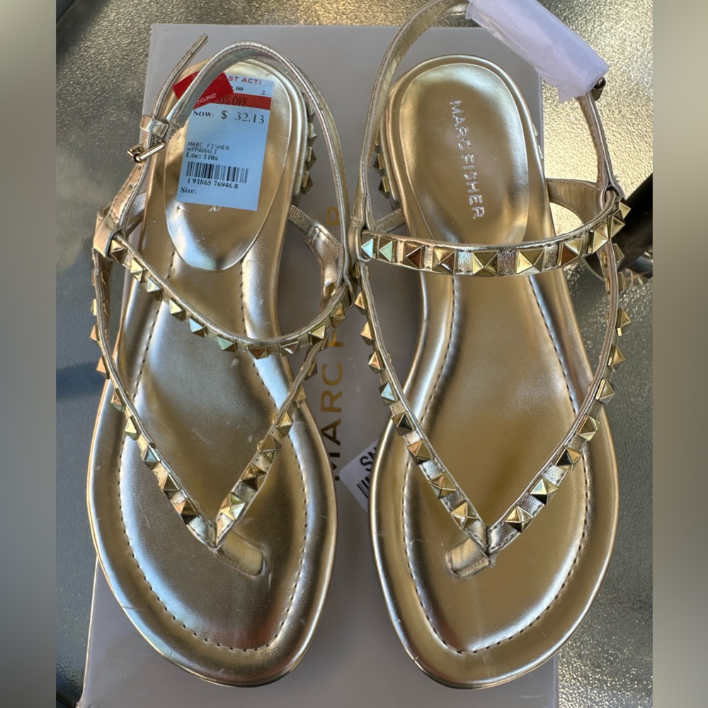 Marc Fisher Gold Pyramid-Stud T-Strap Sandals